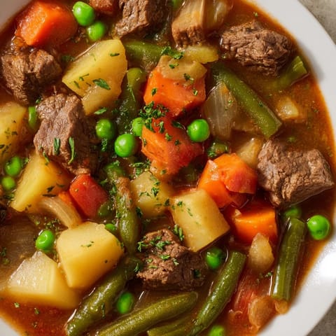 Tender beef, potatoes, and vegetables simmer in a rich broth – perfect pressure cooker stew.