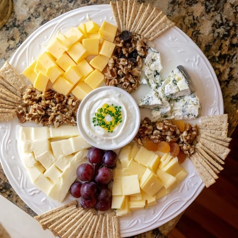 A beautifully arranged Celtic Cross Cheese Platter showcases varied cheeses with honey-drizzled blue cheese.