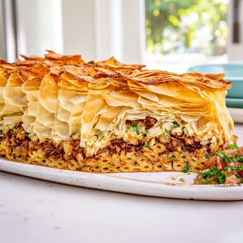 Golden, crispy top reveals a savory Chicken and Pasta Crinkle Cake, perfect for a dinner party.