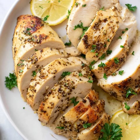 Tender, flavorful Greek yogurt chicken served with lemon wedges; a healthy and easy dinner idea.