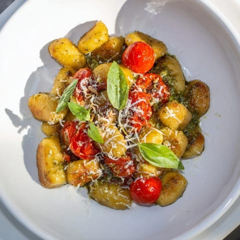 Tender Crispy Gnocchi with Pesto, bursting with Italian flavors, garnished with Parmesan and fresh basil.