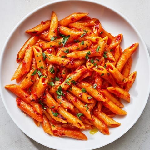 A close-up view of Penne all'Arrabbiata: a delicious Italian pasta dish with a fiery kick.