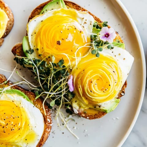 Golden Cloud Toast 2.0, with perfectly baked egg whites and a vibrant topping of microgreens.