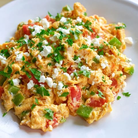 Freshly cooked, colorful menemen scramble with soft eggs and vegetables, a perfect Turkish breakfast idea.