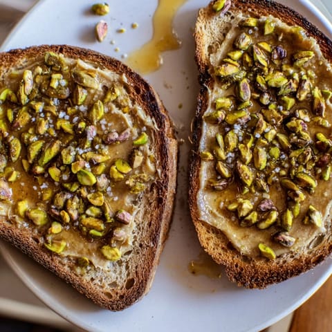 Warm, toasted bread layered with pistachio butter, honey, and pistachios—a delightful Pistachio Butter Toast.