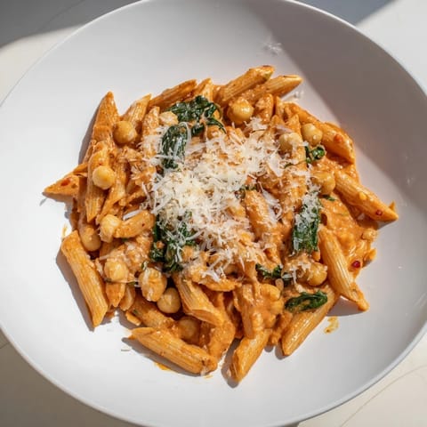 A close-up shows al dente pasta coated in a rich, creamy tomato sauce with tender chickpeas and wilted spinach for a hearty vegetarian meal.