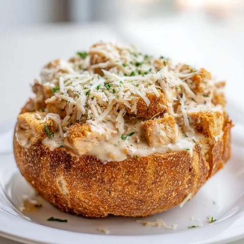 A close-up of steaming Chicken Alfredo filling spilling out of a crispy, hollowed-out bread bowl.  