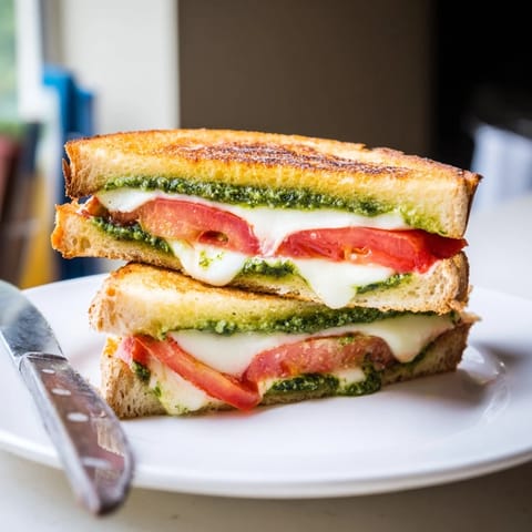 A Caprese Pesto Grilled Cheese resting on a wooden board, garnished with fresh basil and a drizzle of pesto.