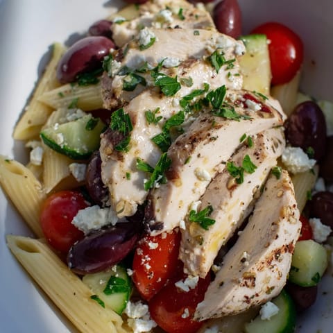 Bright Mediterranean flavors in a Greek Chicken Pasta Bowl, featuring briny olives, red onion, and a light lemony dressing.