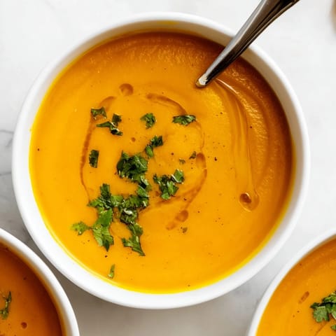 A bowl of golden, velvety butternut squash and lentil soup, served with a lemon wedge and rustic bread.  