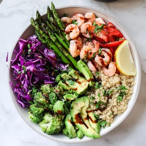 A nutritious Detox Buddha Bowl with Shrimp and Quinoa topped with red cabbage, tomato, and a tangy balsamic drizzle.