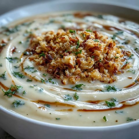 Velvety celeriac soup finished with crunchy hazelnut crumble and a drizzle of olive oil.