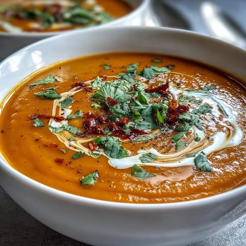 A bowl of Carrot, Celeriac, and Chilli Soup garnished with fresh cilantro and a swirl of creamy vegan yogurt.  