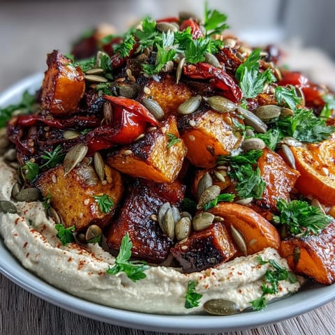 Roasted butternut squash and sweet potatoes on creamy butter bean hummus, topped with toasted seeds for a vibrant winter salad.