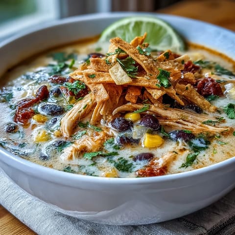 Steaming bowl of Easy Chicken Tortilla Soup topped with crunchy tortilla strips, fresh cilantro, and melted cheddar cheese.