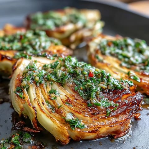 Crispy caramelized cabbage steaks topped with spicy jalapeño chimichurri on a rustic plate, ready to eat.