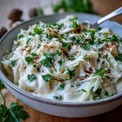 Tender shredded Creamed Cabbage in a velvety white sauce with nutmeg, perfect for pairing with roasted chicken.