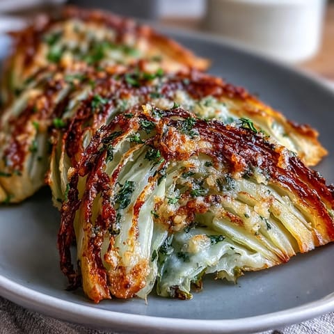 Tender Roasted Garlic Parmesan Cabbage Wedges with caramelized edges, fresh herbs, and extra cheese for a savory vegetarian side.