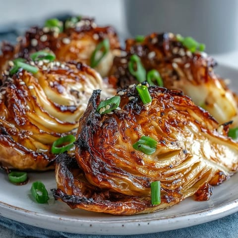 Caramelized Miso Butter Roasted Cabbage Wedges topped with sesame seeds and scallions.