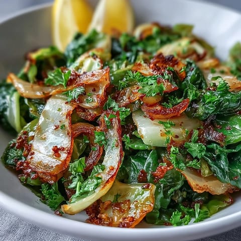 Colorful Mediterranean cabbage dish with garlic and spices served with lemon wedges on a rustic wooden table. 