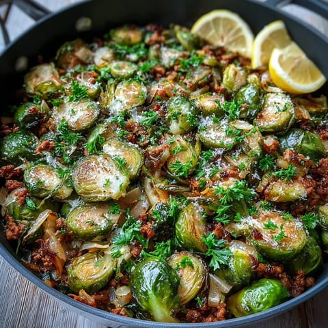 A close-up of a Brussels sprouts and ground turkey skillet shows crispy edges, flecked with paprika and a bright squeeze of lemon.