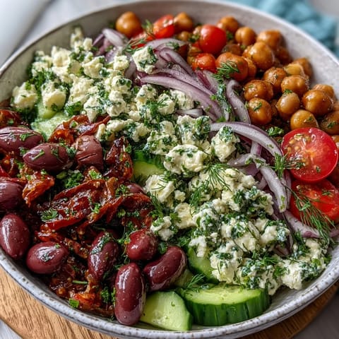 Colorful Greek Bean Salad served in a white bowl, featuring bright tomatoes, crunchy cucumber, and crumbled feta for a refreshing lunch.