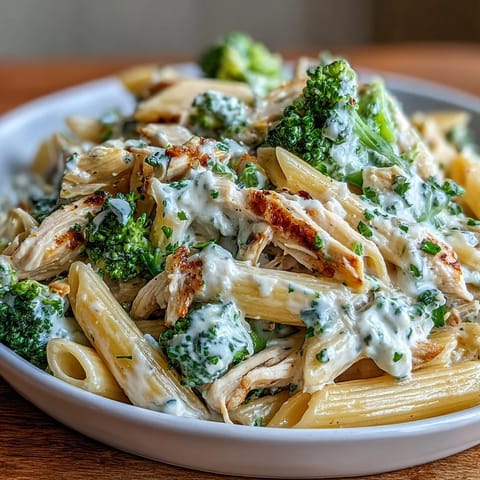Fork-ready bowl of High Protein Rotisserie Chicken Broccoli Pasta featuring bright broccoli florets and juicy chicken.