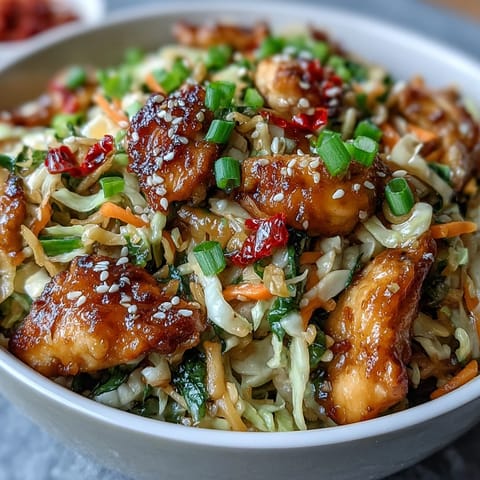 Golden-brown chicken, crisp cabbage, and shredded carrots in Egg Roll Bowls with Chicken and Cabbage, topped with scallions.