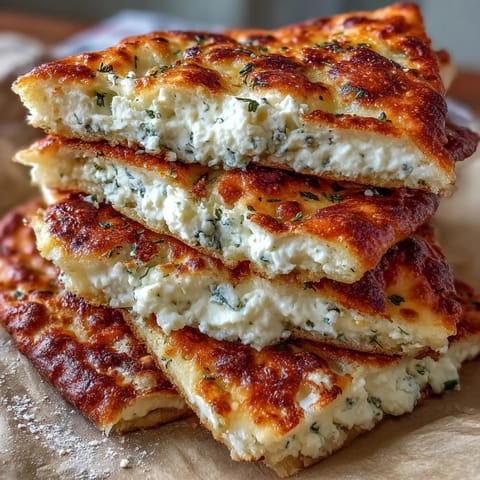 A warm Fluffy Cottage Cheese Flatbread rests on a wooden board, soft and tender with hints of garlic and fresh herbs visible.