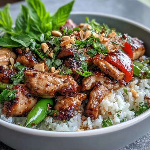 A close-up of a Thai Chicken Coconut Bowl, showcasing juicy chicken, crunchy snap peas, and a garnish of chopped peanuts.