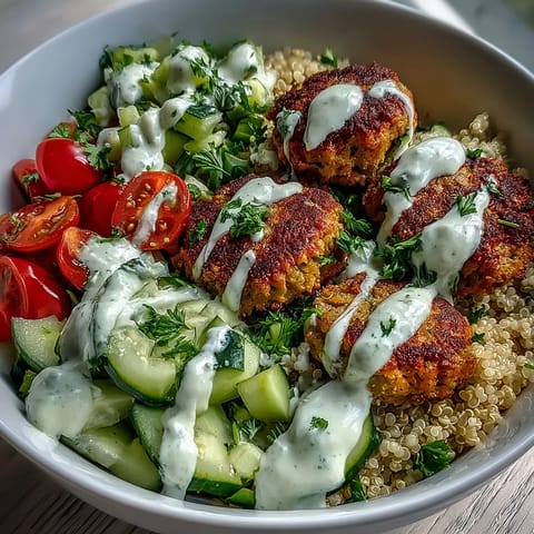A vibrant Falafel Quinoa Salad Bowl features crispy baked falafel over fluffy quinoa, topped with fresh cucumber, cherry tomatoes, and creamy tahini drizzle.