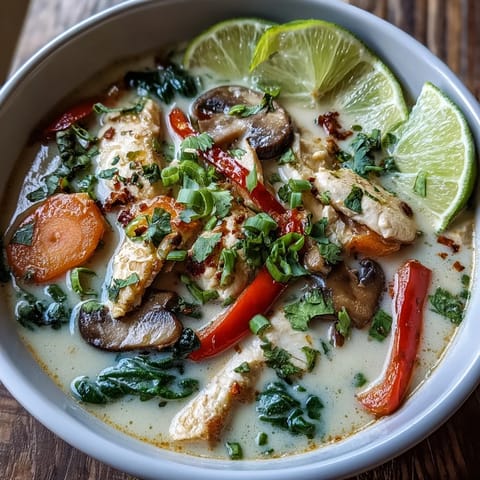 Colorful Thai Coconut Curry Soup Bowl topped with cilantro, sliced chilis, and fresh lime wedges. 