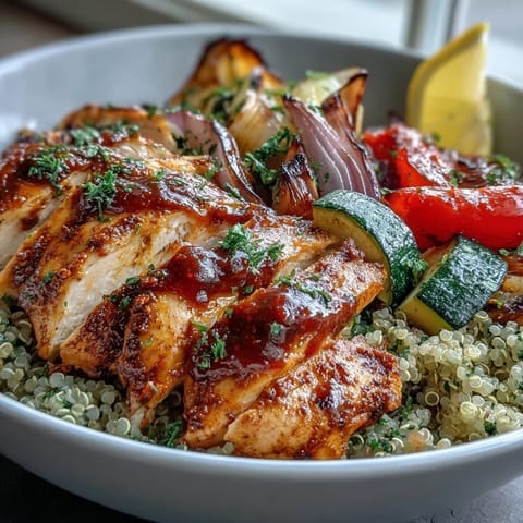 Golden-brown paprika herb chicken rests on a bed of red quinoa, next to colorful roasted vegetables and a generous drizzle of rose harissa sauce.