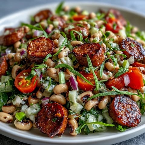 Hoppin John Style Black-Eyed Pea Salad with Turkey Sausage showcased on a rustic wooden board with a colorful mustard-tarragon dressing drizzled over fresh ingredients.
