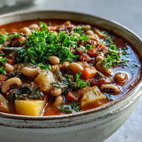 A steaming bowl of Black-Eyed Pea Stew with Chefs Touch, featuring tender vegetables in a rich, savory tomato broth, ready to serve.