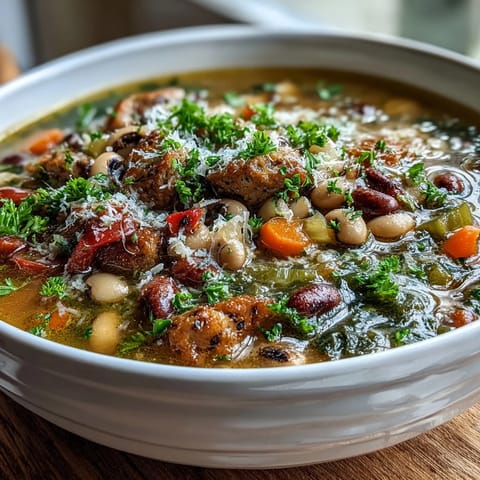 Sliced carrots and celery add vibrant orange and green hues to the savory Black-Eyed Peas and Sausage Soup.