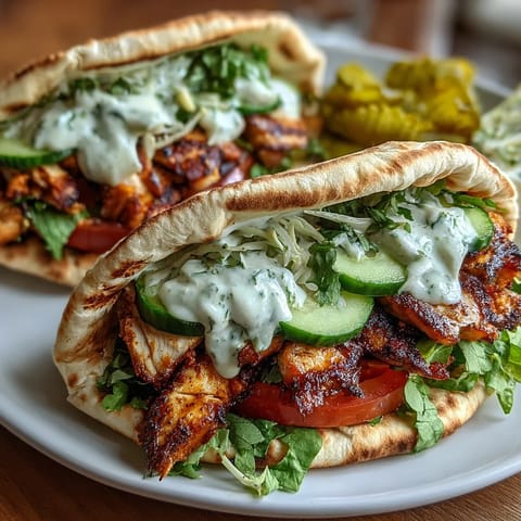 Sliced marinated chicken shawarma tucked inside warm pita bread with crisp lettuce and tomatoes.