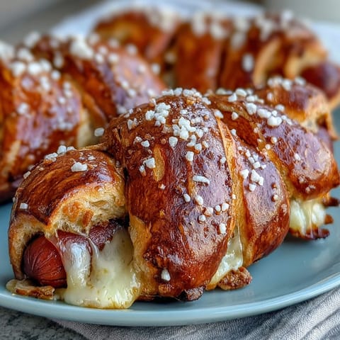 Two Soft Baked Cheesy Pretzel Dogs are cut in half on a wooden board, revealing gooey cheddar and hot dog filling.