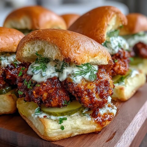 Freshly assembled Nashville Hot Chicken Sliders featuring crispy thighs, spicy aioli, and soft slider buns.
