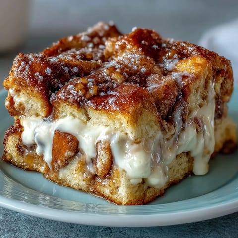 Cream Cheese Swirl Cinnamon Roll French Toast Bake ready to serve, warm and gooey with a dusting of powdered sugar.