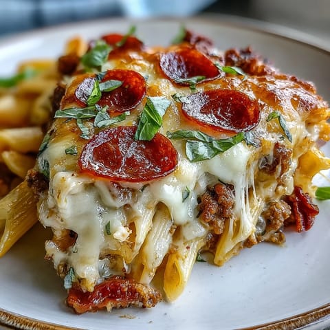 This High-Protein Pizza Pasta Bake features penne pasta in a creamy sauce with ground beef, perfect for family dinners.