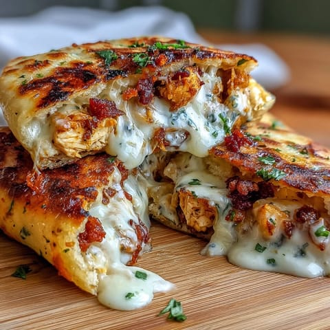 Golden-brown grilled Ranch Crack Chicken Stuffed Naan oozing melted cheddar and bacon on a rustic plate.