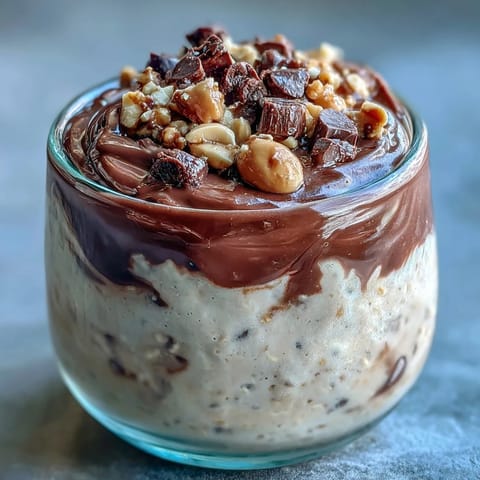 A spoon dives into Peanut Butter Cup Overnight Oats, revealing cocoa ganache and chopped peanuts on a bright breakfast table.