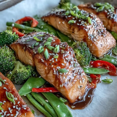 Golden-brown Sheet Pan Teriyaki Salmon with roasted broccoli and crisp snap peas glistening with sticky homemade teriyaki glaze.