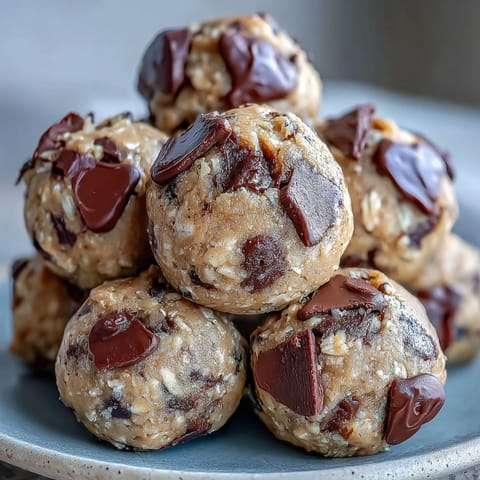 Freshly rolled Vegan Chickpea Cookie Dough Bites with dark chocolate chips on a rustic wooden board.