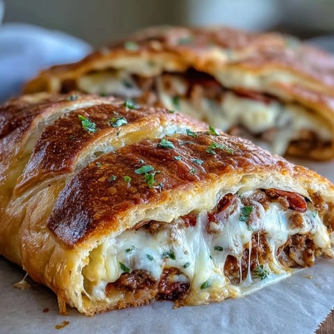 Golden-brown Baked High-Protein Pepperoni Stromboli sliced into thick, cheesy servings on a rustic wooden board, ready to enjoy.