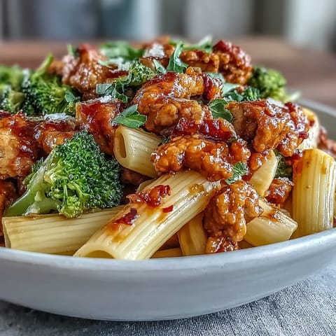 A skillet holds a hearty serving of ground turkey and vibrant red bell peppers mixed with Sweet & Spicy Turkey Broccoli Pasta.