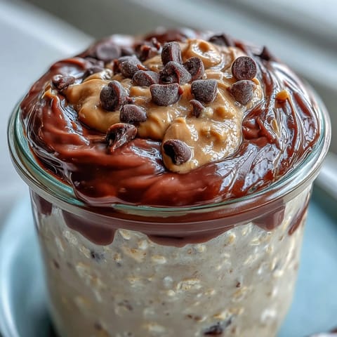 Creamy Peanut Butter Cup Overnight Oats topped with mini chocolate chips and chopped peanuts, ready to enjoy.