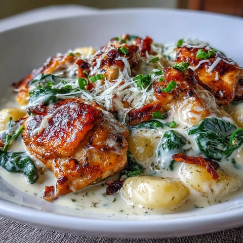 Creamy Garlic Chicken Gnocchi baked in a skillet with wilted spinach and fresh parsley garnish, ready to serve.