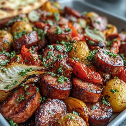 Roasted Smoky Sheet Pan Sausage & Veggies with Naan, showcasing caramelized onions and cherry tomatoes on a baking sheet, perfect for weeknight dinner.